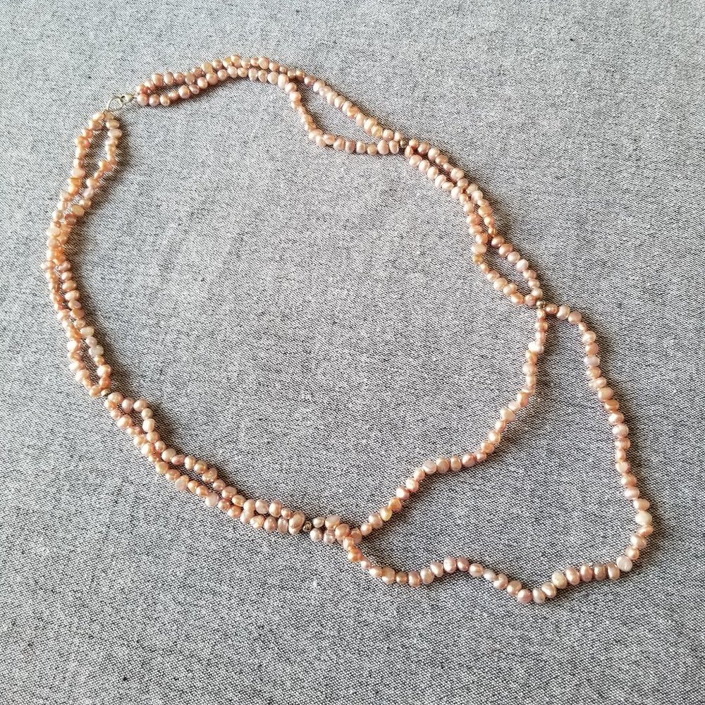 New Long freshwater pink pearl necklace with sterling silver beads and clasp